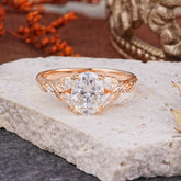 Vintage Leaf 4-Prong Oval Moissanite Engagement Ring for Women